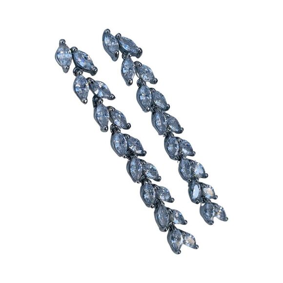 925 Sterling Silver Long Dangle Earrings 2.5"  Cubic Zirconia Marquise Formal - Picture 3 of 7